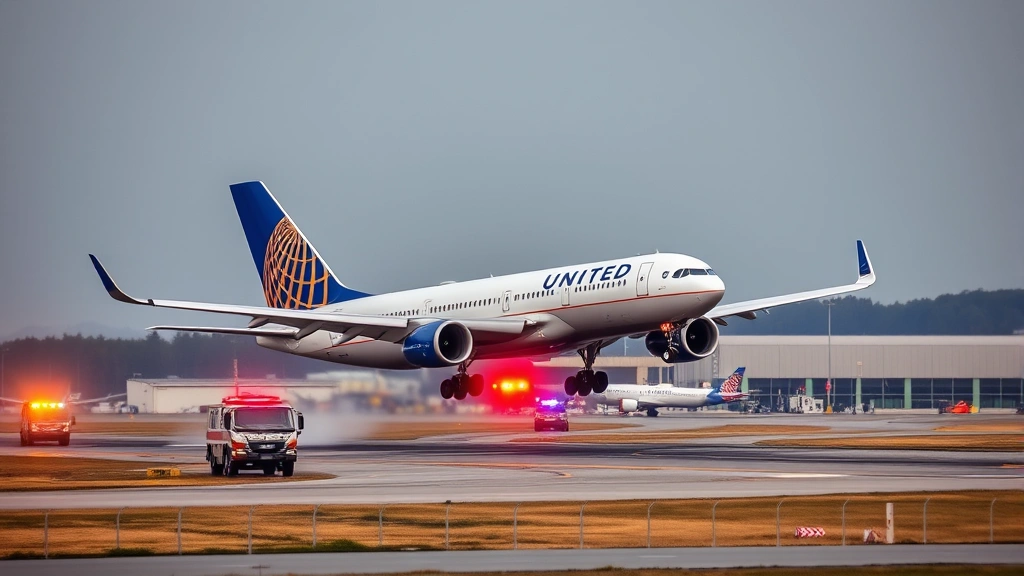 United Airlines aircraft landing at alternate airport runway with ground emergency vehicles and crew standing by, professional aviation photography