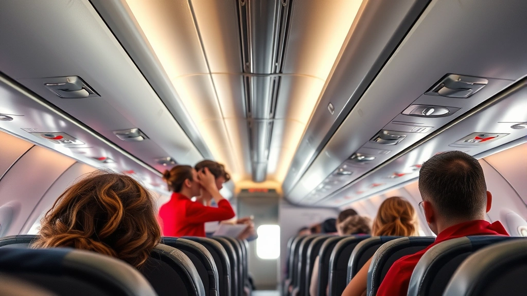Airplane cabin interior showing flight attendants assisting passengers during turbulence with safety equipment visible, realistic commercial aircraft scene