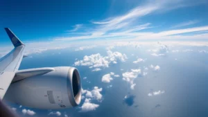 Wide-angle view of United Airlines aircraft in flight over Pacific Ocean during daytime, showing wing and engine against blue sky and clouds