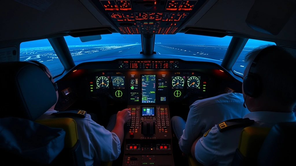 Interior cockpit view showing pilot and co-pilot at controls with multiple instrument displays and screens illuminated during flight operations