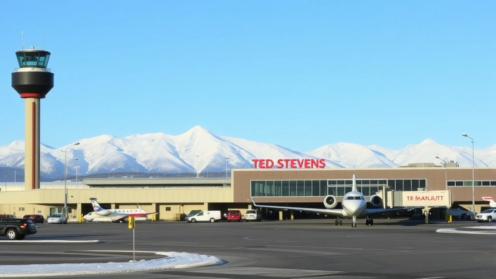 Ted Stevens Anchorage International Airport exterior with snow-capped mountains in background, commercial aircraft at gate, clear winter day