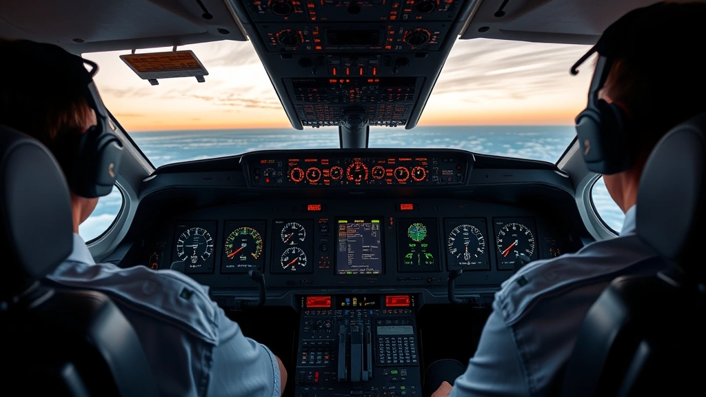 Commercial aircraft cockpit during daytime flight with pilots monitoring multiple instrument panels and systems, realistic professional aviation environment