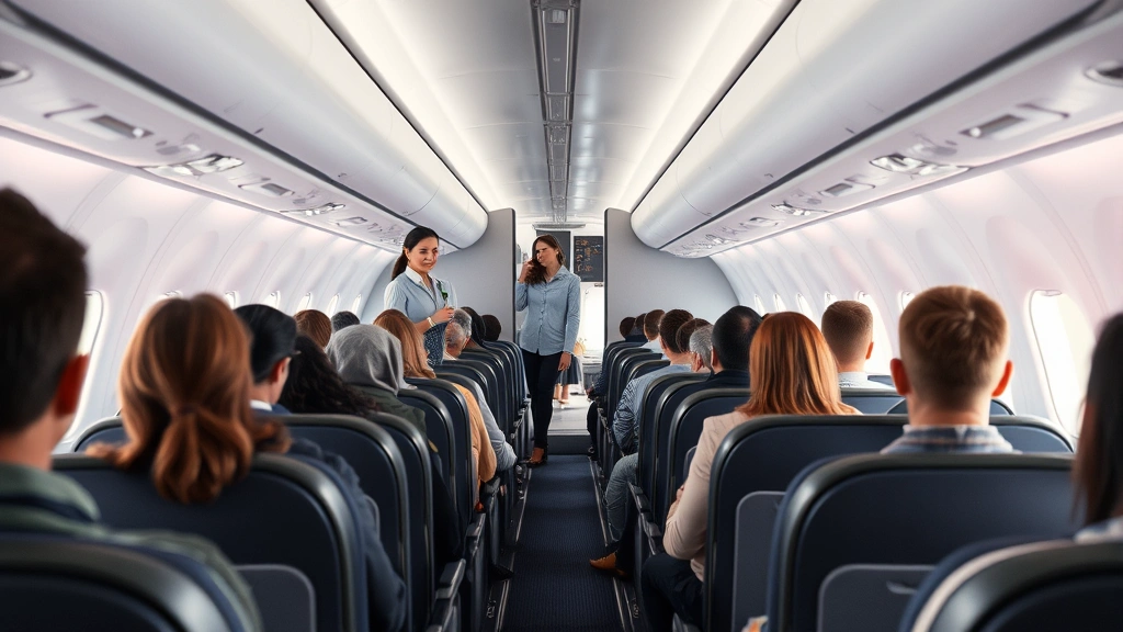 Modern aircraft cabin interior showing passengers seated with flight attendants demonstrating safety procedures, natural lighting from windows, professional airline setting