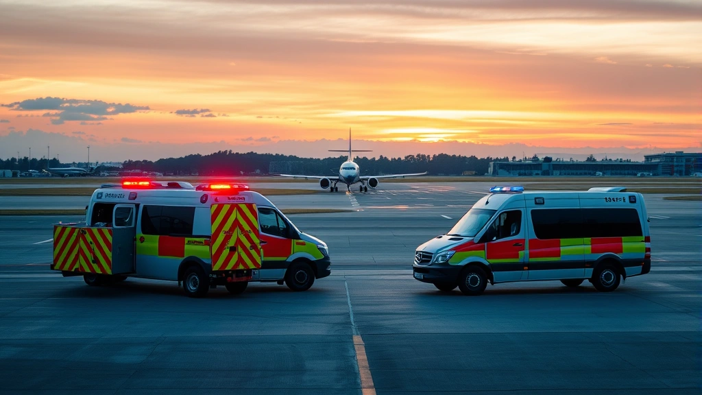 Emergency services vehicles positioned on airport runway at sunset with aircraft landing in background, professional emergency response readiness scene