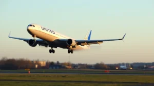 Wide-angle shot of United Airlines Boeing aircraft banking during descent approach, wing flaps extended, landing gear deployed, runway visible below with approach lights illuminated, clear daytime conditions, professional aviation photography