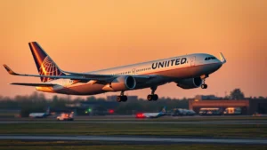 Professional United Airlines Airbus landing at Dulles Airport during golden hour with landing gear deployed, runway lights visible, emergency vehicles positioned in background, photorealistic aviation photography