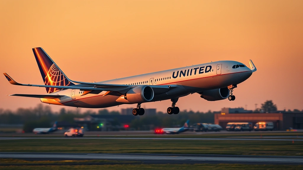 Professional United Airlines Airbus landing at Dulles Airport during golden hour with landing gear deployed, runway lights visible, emergency vehicles positioned in background, photorealistic aviation photography