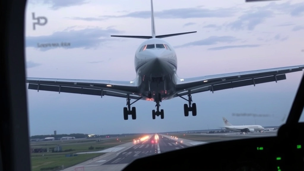 Commercial aircraft descending toward airport runway during approach phase, with landing gear visible and runway lights illuminated below, clear weather conditions, pilot's perspective view showing instrument panel