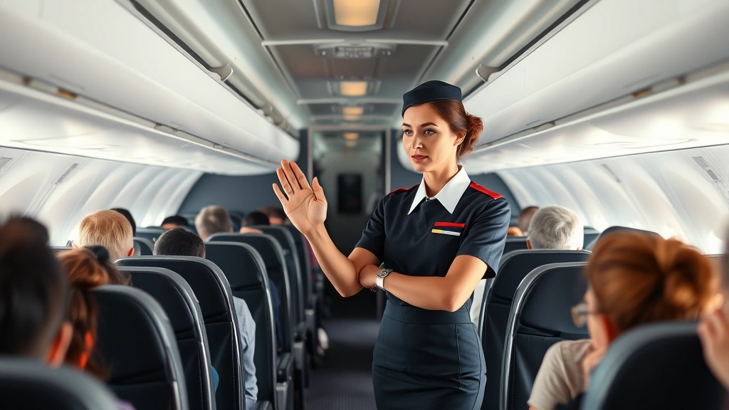 Experienced female flight attendant demonstrating brace position to diverse passengers in modern aircraft cabin, showing proper hand and body positioning, natural cabin lighting, professional safety instruction