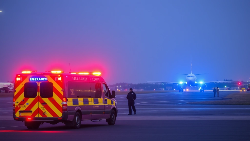 Airport emergency vehicles with lights activated positioned along runway perimeter, modern aircraft visible in distance preparing for approach, professional emergency response team standing ready