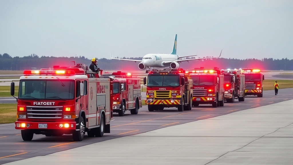 Dulles Airport emergency response team with firefighting trucks and rescue equipment positioned along runway, aircraft approaching in background, coordinated emergency response scene, professional disaster management
