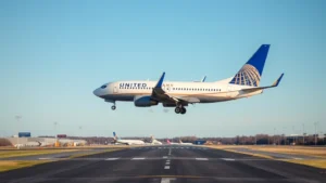 Wide-angle photograph of United Airlines Boeing 737 aircraft approaching Newark Airport runway during daylight with clear blue sky, professional aviation photography, no text or signage visible