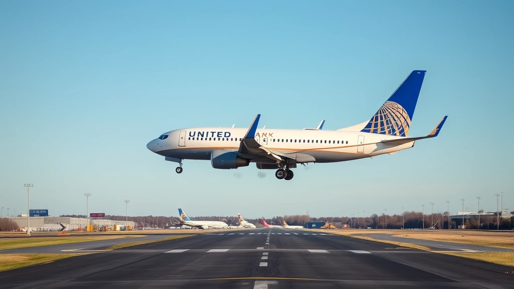 Wide-angle photograph of United Airlines Boeing 737 aircraft approaching Newark Airport runway during daylight with clear blue sky, professional aviation photography, no text or signage visible