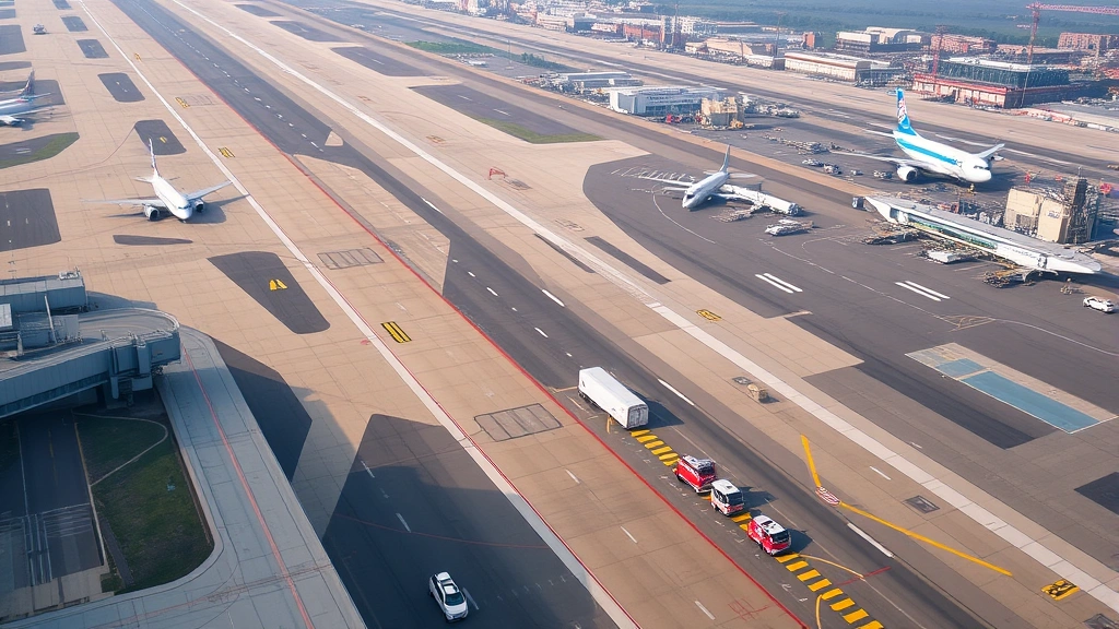 Aerial view of Newark Liberty International Airport showing multiple runways, taxiways, and emergency response vehicles positioned along runway during daytime, realistic airport infrastructure photography