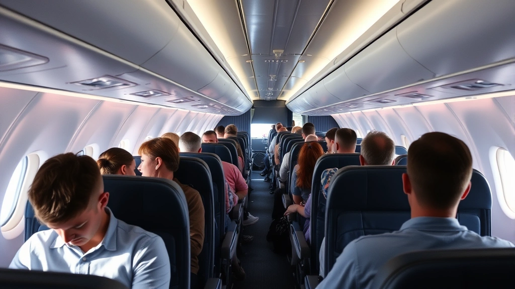 Interior cabin view of United Airlines aircraft with passengers seated calmly during flight, showing modern aircraft interior design, natural lighting through windows, professional travel photography