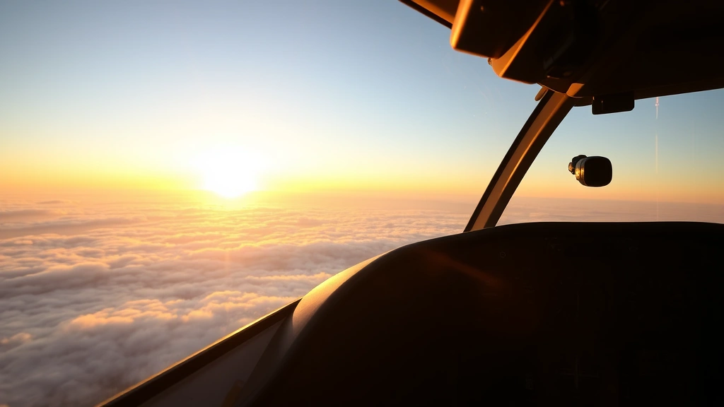 Cockpit view during golden hour sunrise with clear skies, instruments visible, peaceful atmospheric conditions ahead