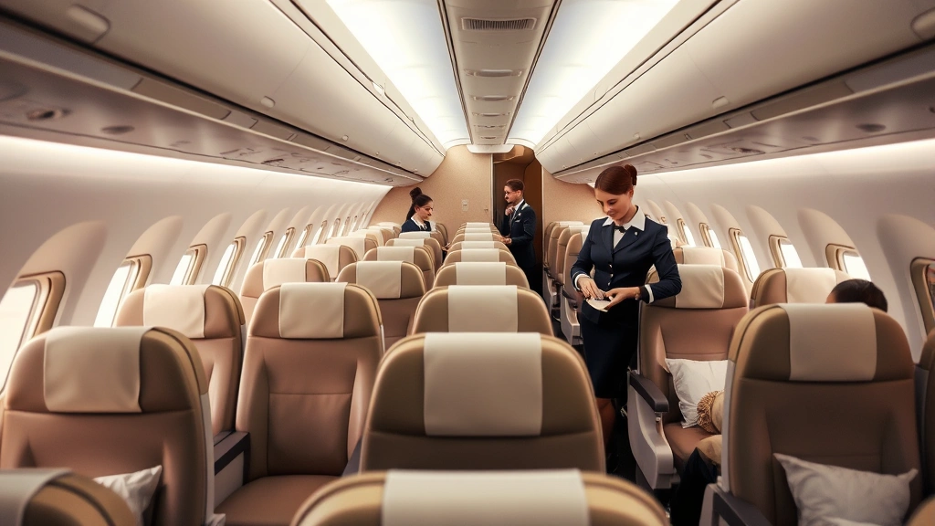 Modern aircraft cabin interior showing passenger seating rows with comfortable seats, flight attendants in uniform preparing galley service, professional cabin environment