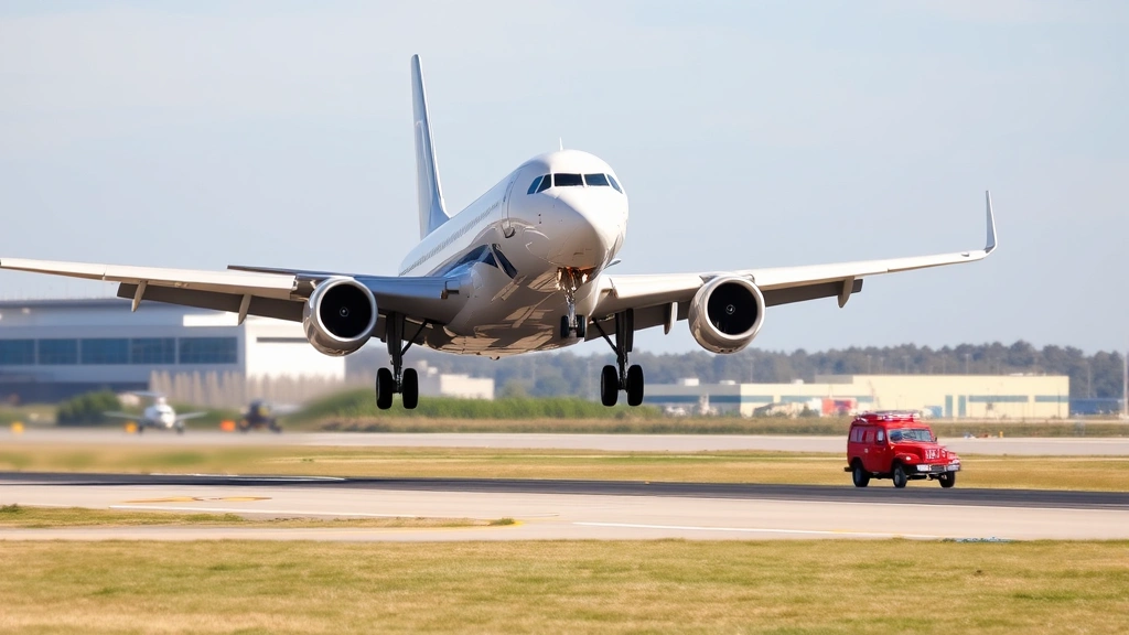 Commercial aircraft on runway during landing approach with clear skies, landing gear visible, airport emergency vehicles staged nearby, professional aviation operations