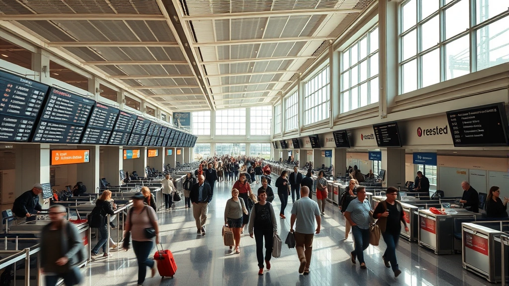 Busy airport terminal concourse with travelers rushing between gates, departure boards showing times, check-in counters with lines, natural lighting from large windows, realistic airport environment