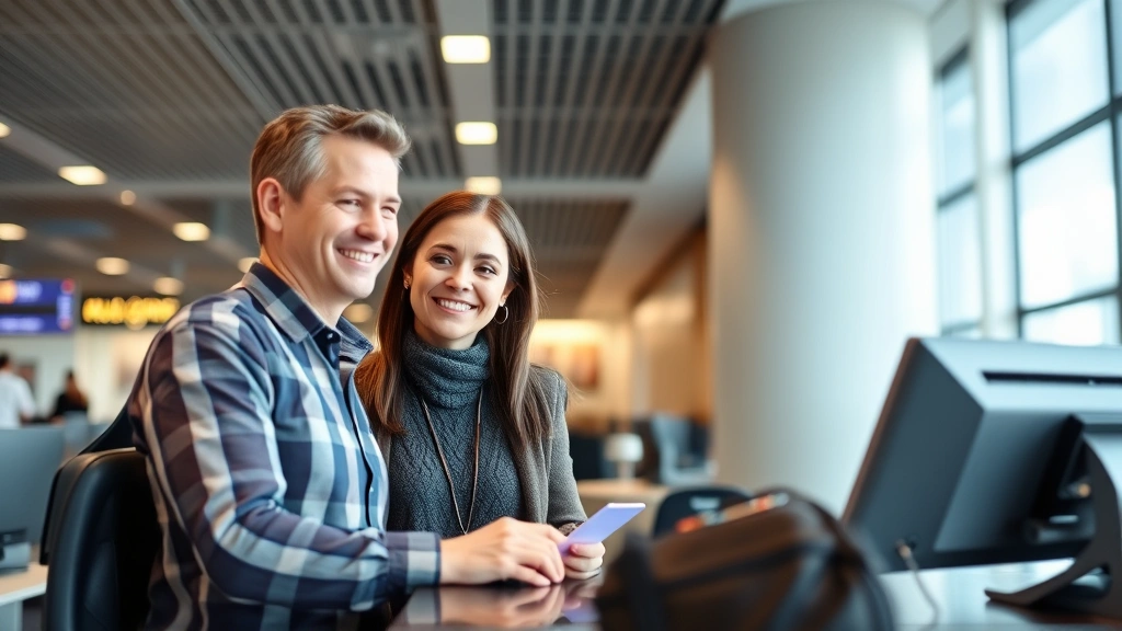 Relieved passenger at airline customer service desk receiving assistance from friendly representative, both smiling, modern airport customer service area, showing positive resolution and helpful support