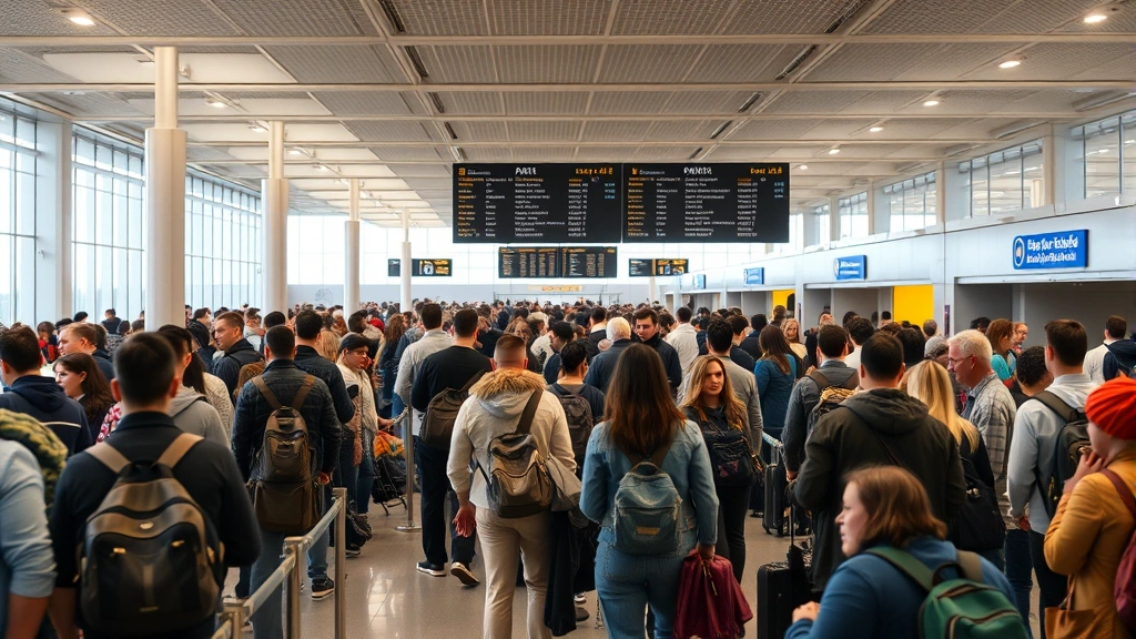 Packed airport gate area with passengers waiting for boarding, departure information displayed, diverse travelers with luggage, realistic busy travel scene, natural airport lighting