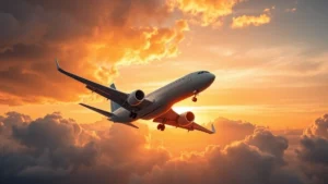 Modern commercial airplane flying at sunset with dramatic clouds, wide-angle view from below showing aircraft in flight against golden sky