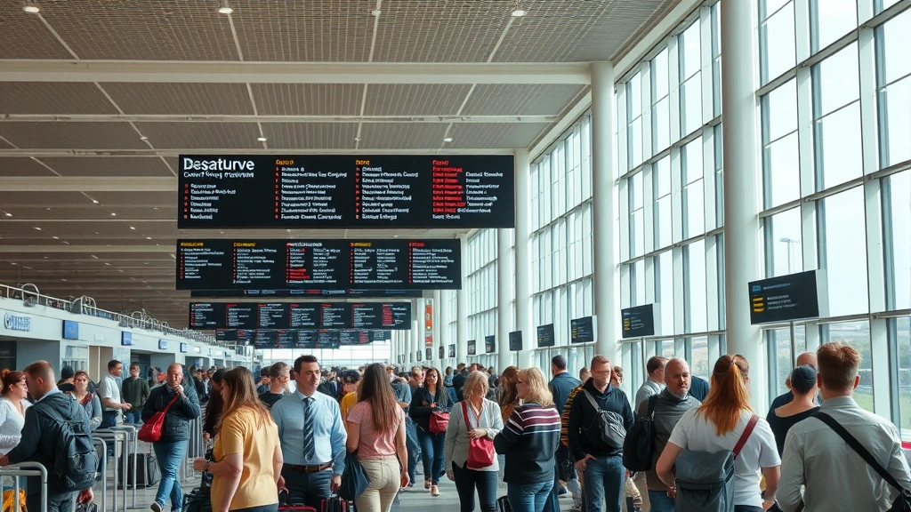 Busy airport terminal with diverse travelers at gates, modern departure boards visible, natural lighting from windows, people with luggage waiting to board