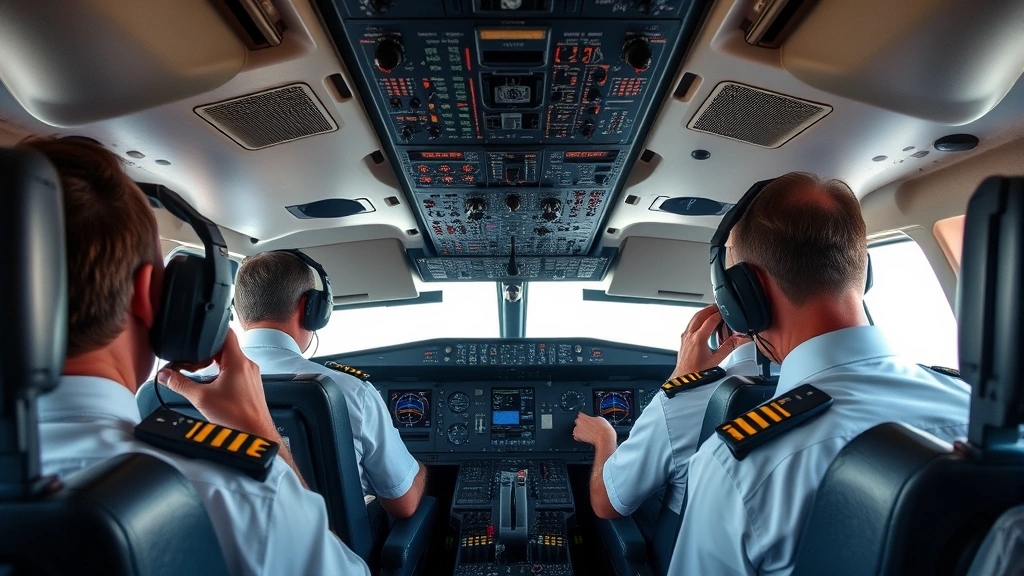Airplane cockpit interior with pilots performing pre-flight checks, detailed control panels and instruments, professional aviation environment