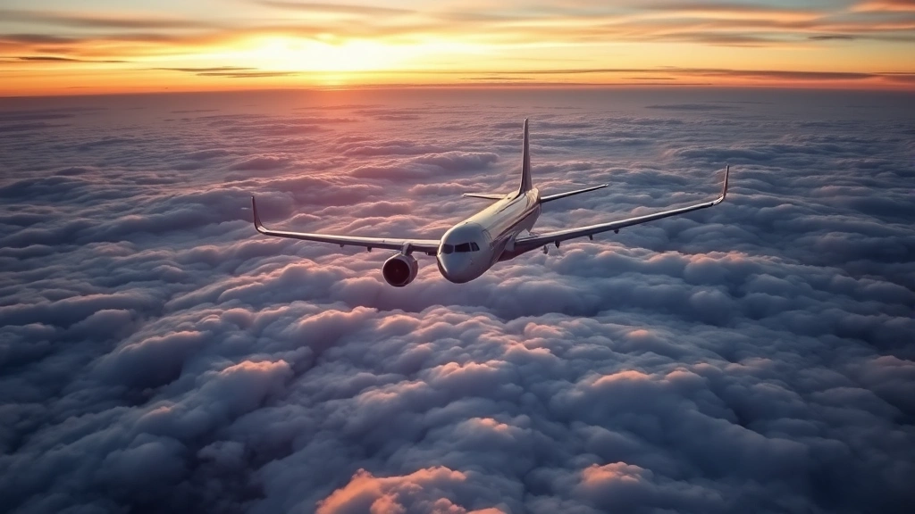 Aerial view of commercial aircraft cruising above clouds at sunset, modern jet engines visible, peaceful sky atmosphere