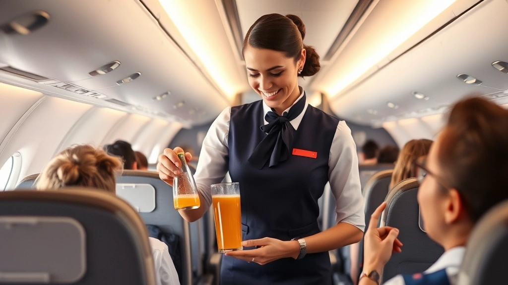 Flight attendant serving beverages to passengers in aircraft cabin, professional service scene, premium cabin setting