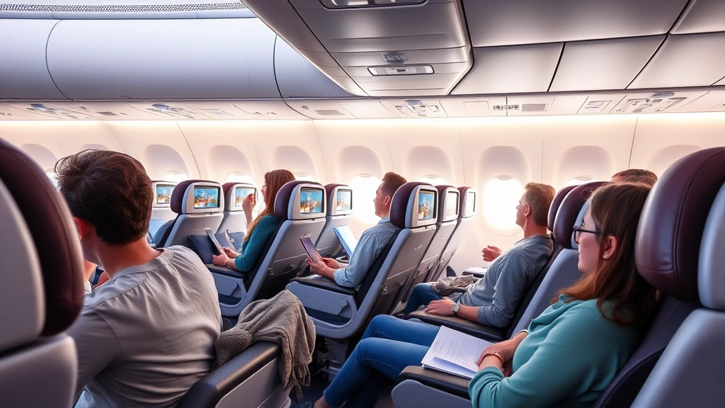 Passengers relaxing in airplane seats with entertainment screens, comfortable seating configuration, modern aircraft interior