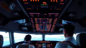 Commercial aircraft cockpit with modern glass display panels showing navigation data, pilots monitoring digital instruments, realistic lighting reflecting on screens, professional aviation environment