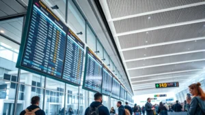 Modern airport terminal with flight information display boards showing multiple departures and arrivals, passengers checking flight status on mobile devices, bright professional lighting, contemporary airport architecture
