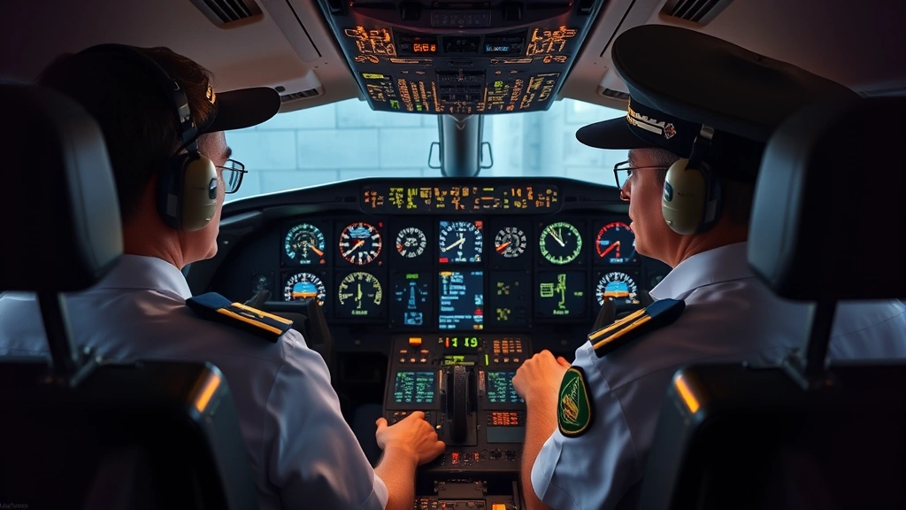 Pilot and flight crew in cockpit performing pre-flight checks with advanced avionics displays, detailed instrument panels glowing, professional aviation environment, aircraft instrumentation visible