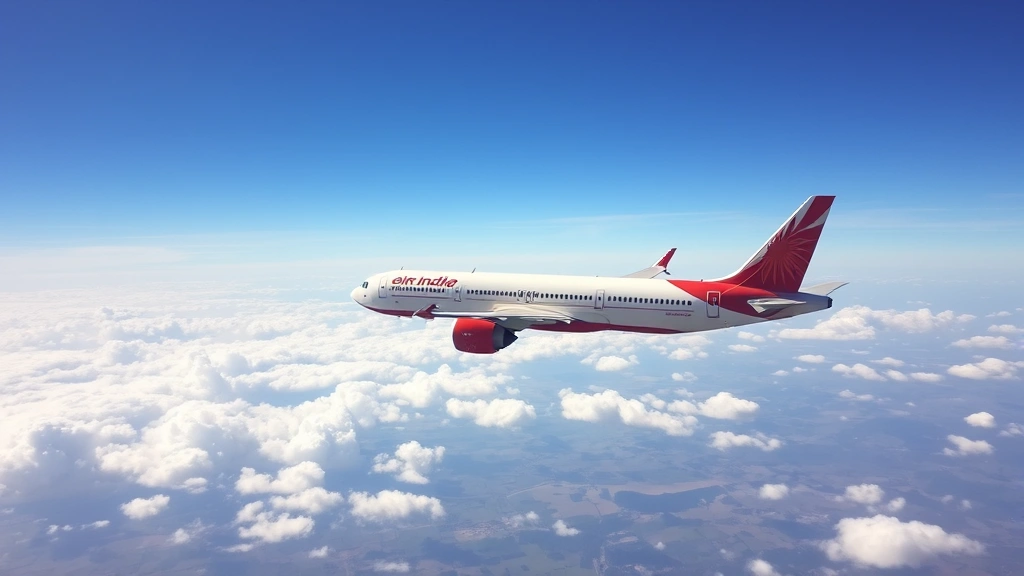 Aerial view of commercial aircraft in flight over landscape during daytime, clear sky with puffy clouds below, wide-body jet showing Air India livery, high altitude perspective showing flight path