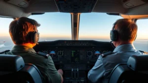 Modern aircraft cockpit with pilots monitoring flight systems and navigation displays during daytime flight, realistic professional aviation environment
