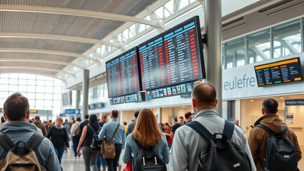 Busy airport terminal with travelers checking flight information boards and digital displays, modern airport architecture with natural lighting