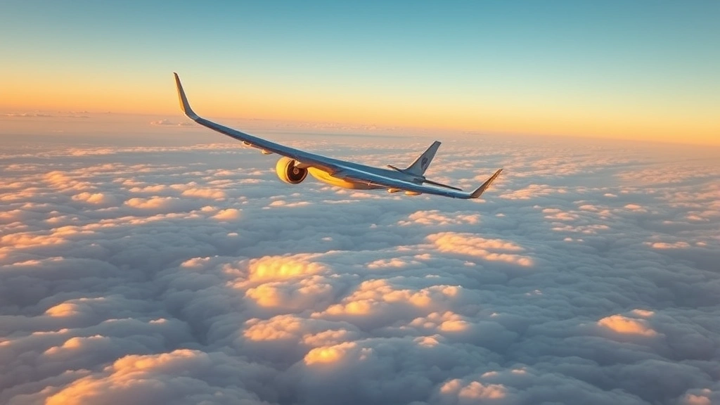 Aerial view of commercial aircraft flying through clear blue sky above clouds during golden hour, photorealistic travel photography