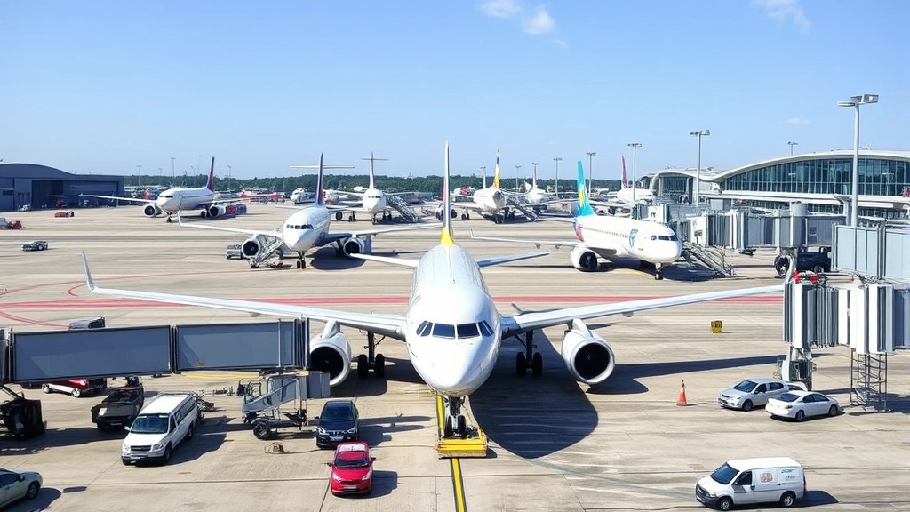 Commercial aircraft parked at modern airport terminal gate with ground crew and service vehicles visible, daylight, professional aviation setting