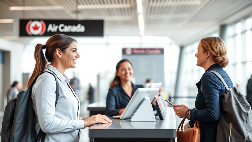 Air Canada customer service agent assisting passenger at airport counter, helpful interaction, modern terminal background, natural lighting