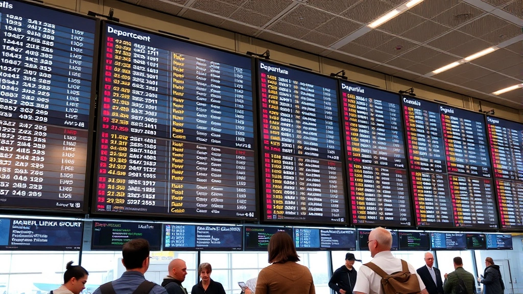 Departure board at busy Canadian airport showing multiple flight times and statuses, travelers checking information, contemporary airport environment