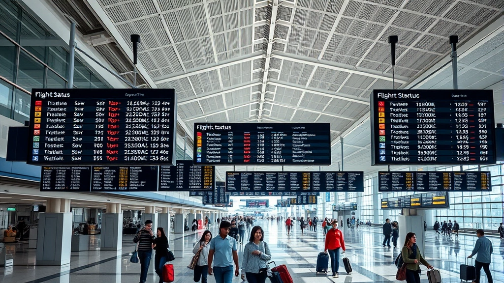 Modern airport terminal with flight status display screens showing departure and arrival times, busy passengers with luggage, bright natural lighting, daytime, realistic photography