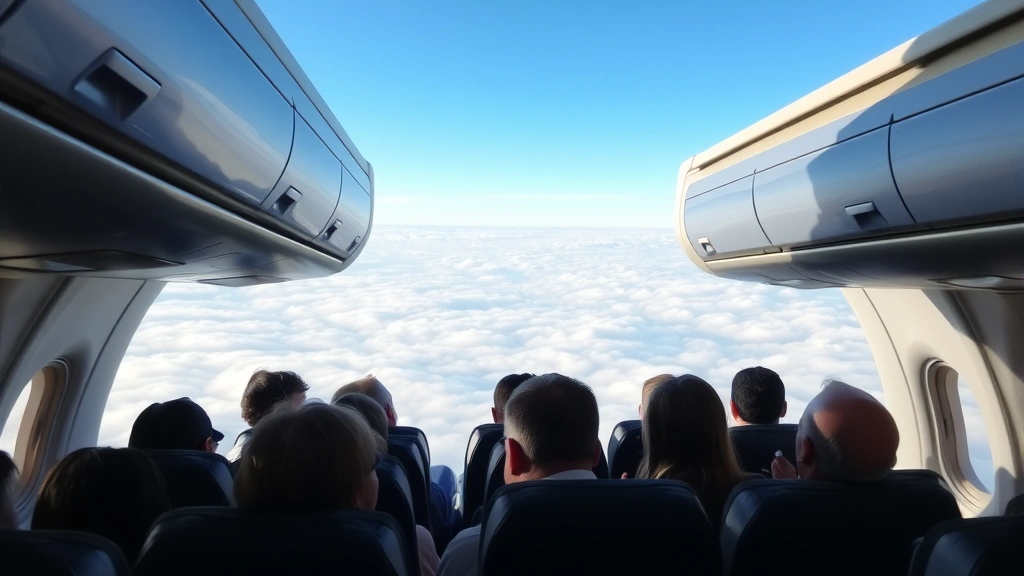 Airplane cabin interior with passengers seated during flight, window view of clouds below, overhead compartments, realistic commercial aircraft setting, daytime flight conditions