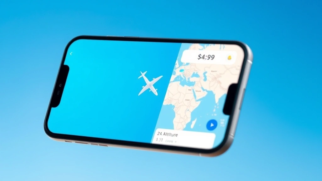 Mobile phone displaying flight tracking app interface with real-time aircraft position on map, altitude and speed information, blue sky background, modern smartphone screen, travel app