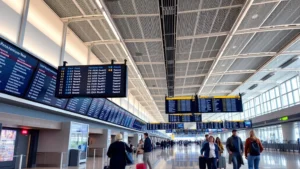 Modern airport departure hall with digital flight status displays showing multiple flights, professional lighting, passengers walking with luggage, contemporary aviation terminal architecture, daytime setting