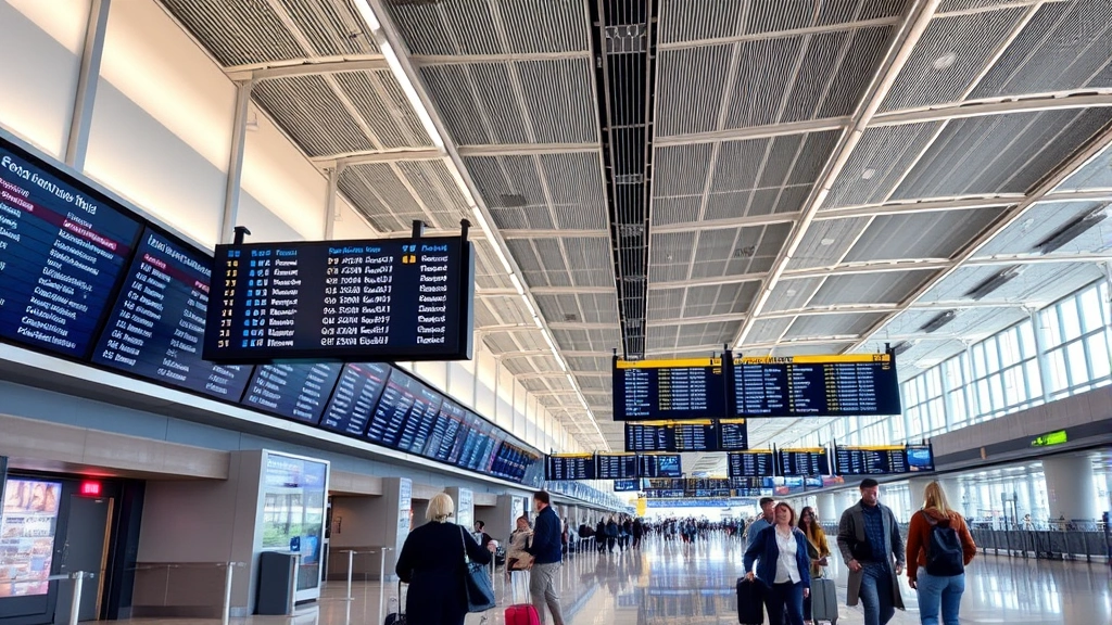 Modern airport departure hall with digital flight status displays showing multiple flights, professional lighting, passengers walking with luggage, contemporary aviation terminal architecture, daytime setting