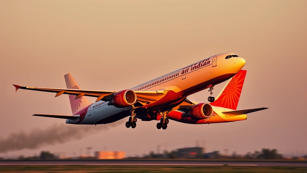 Air India aircraft taking off from runway at sunset, Boeing or Airbus jet with distinctive Air India livery, clear sky background, dynamic motion, professional aviation photography
