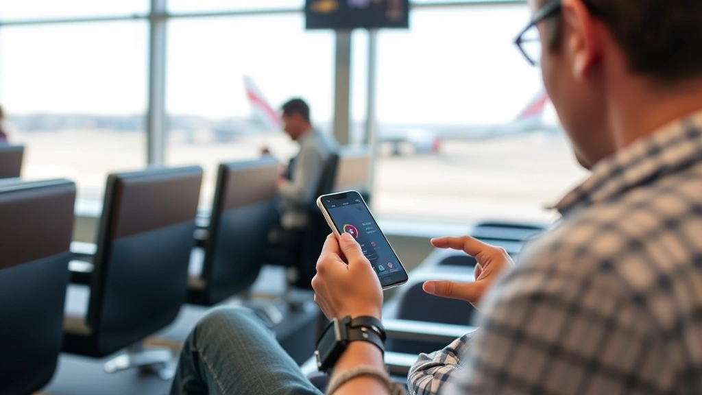 Passenger using mobile phone to check flight status while sitting in airport lounge, modern smartphone screen visible, comfortable seating, airport windows showing aircraft outside, natural daylight