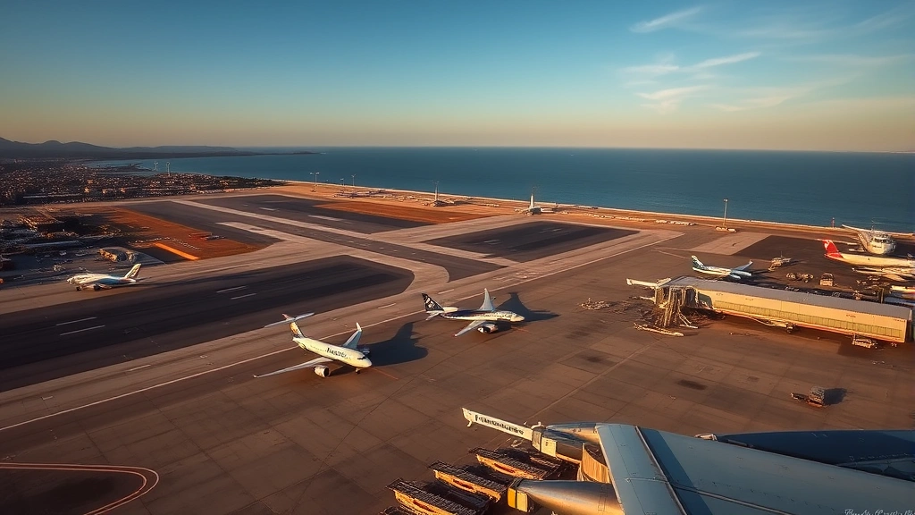 Aerial view of Naples International Airport with planes on tarmac, Mediterranean Sea and Italian coastline visible in background, golden hour lighting