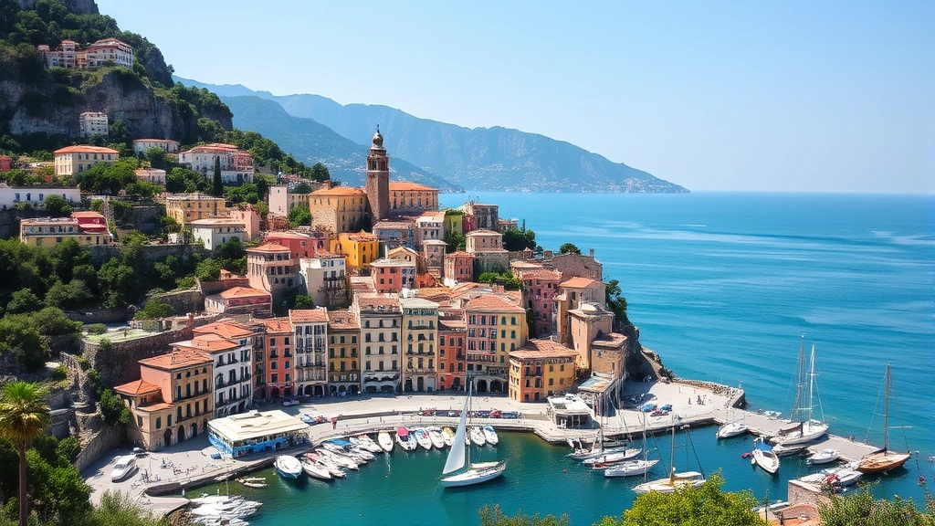 Scenic Amalfi Coast cliffside town with colorful buildings overlooking turquoise water, sailboats in harbor, mountain landscape backdrop